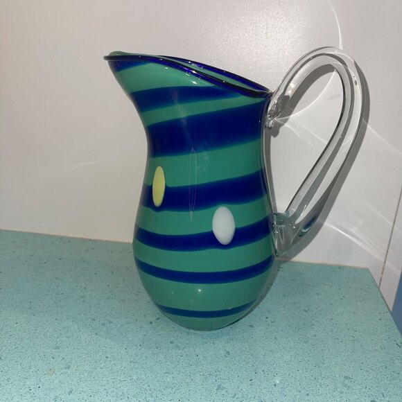 Pitcher Green Hand Blown Striped Art Glass Decor Collectible - Picture 2 of 8